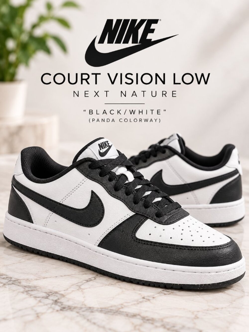 Nike Court Vision Low Next Nature "Black/White" (Panda Colorway)